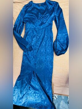 Blue Satin Long Sleeve Midi Dress